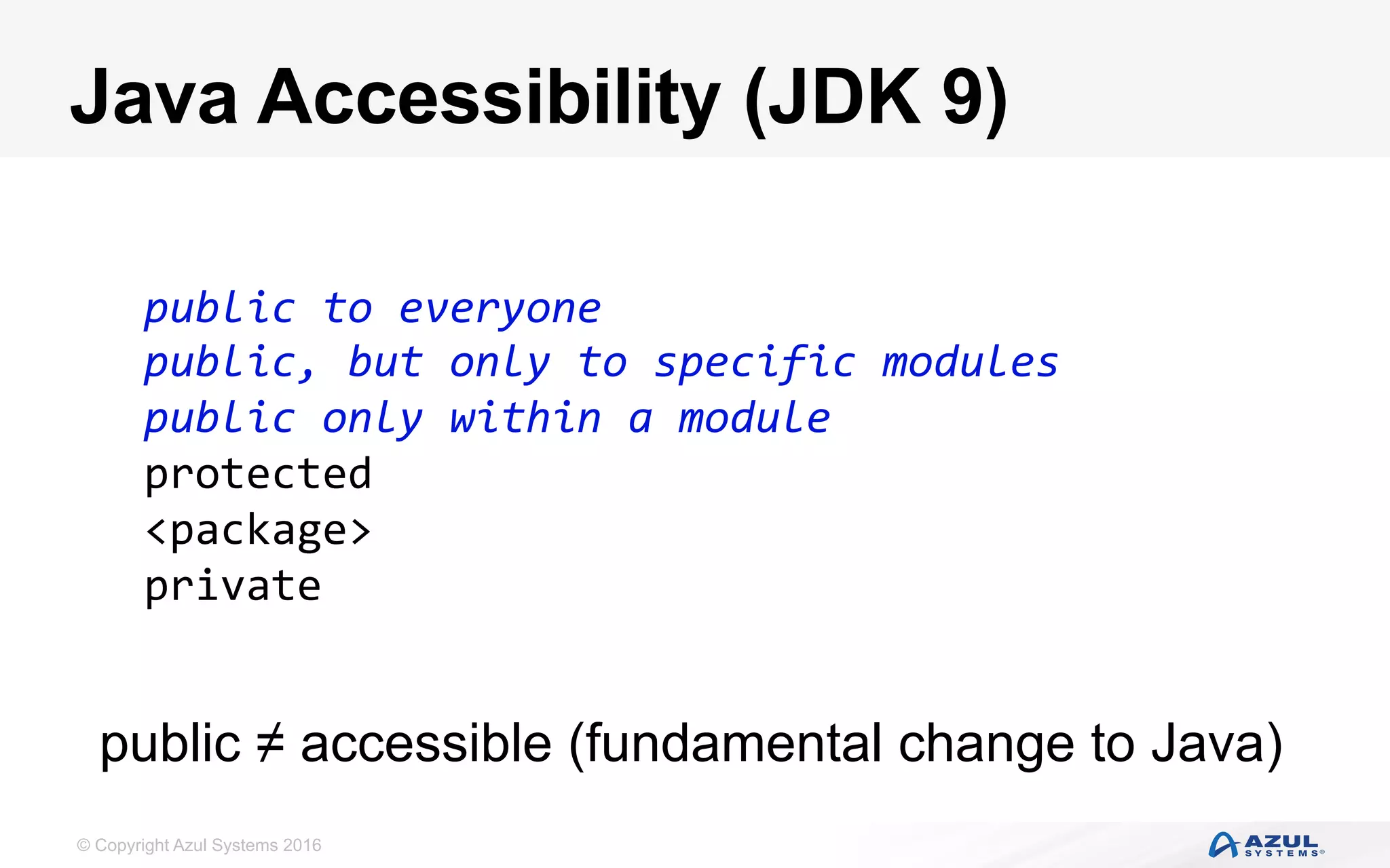 © Copyright Azul Systems 2016
Java Accessibility (JDK 9)
public	to	everyone	
public,	but	only	to	specific	modules	
public	only	within	a	module		
protected	
<package>	
private	
public ≠ accessible (fundamental change to Java)
 