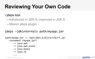 © Copyright Azul Systems 2016
Reviewing Your Own Code
§ jdeps tool
– Introduced in JDK 8, improved in JDK 9
– Maven jdeps plugin
jdeps	–jdkinternals	path/myapp.jar	
14
path/myapp.jar	->	/opt/jdk1.8.0/jre/lib/rt.jar	
			<unnamed>	(myapp.jar)	
						->	java.awt																																												
						->	java.awt.event																																						
						->	java.beans																																										
						->	java.io	
						...		
 