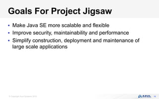 © Copyright Azul Systems 2016
Goals For Project Jigsaw
§  Make Java SE more scalable and flexible
§  Improve security, maintainability and performance
§  Simplify construction, deployment and maintenance of
large scale applications
16
 