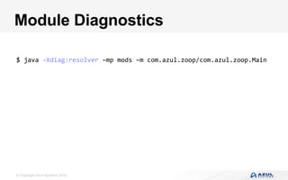 © Copyright Azul Systems 2016
Module Diagnostics
$	java	–Xdiag:resolver	–mp	mods	–m	com.azul.zoop/com.azul.zoop.Main	
 