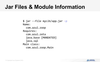 © Copyright Azul Systems 2016
Jar Files & Module Information
$	jar	--file	myLib/app.jar	–p	
Name:	
		com.azul.zoop	
Requires:	
		com.azul.zeta	
		java.base	[MANDATED]	
		java.sql	
Main	class:	
		com.azul.zoop.Main	
 
