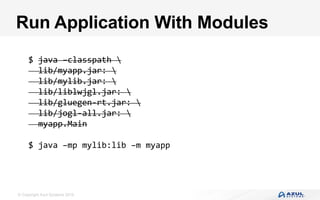 © Copyright Azul Systems 2016
Run Application With Modules
$	java	–classpath		
		lib/myapp.jar:		
		lib/mylib.jar:		
		lib/liblwjgl.jar:		
		lib/gluegen-rt.jar:		
		lib/jogl-all.jar:		
		myapp.Main	
	
$	java	–mp	mylib:lib	–m	myapp	
 