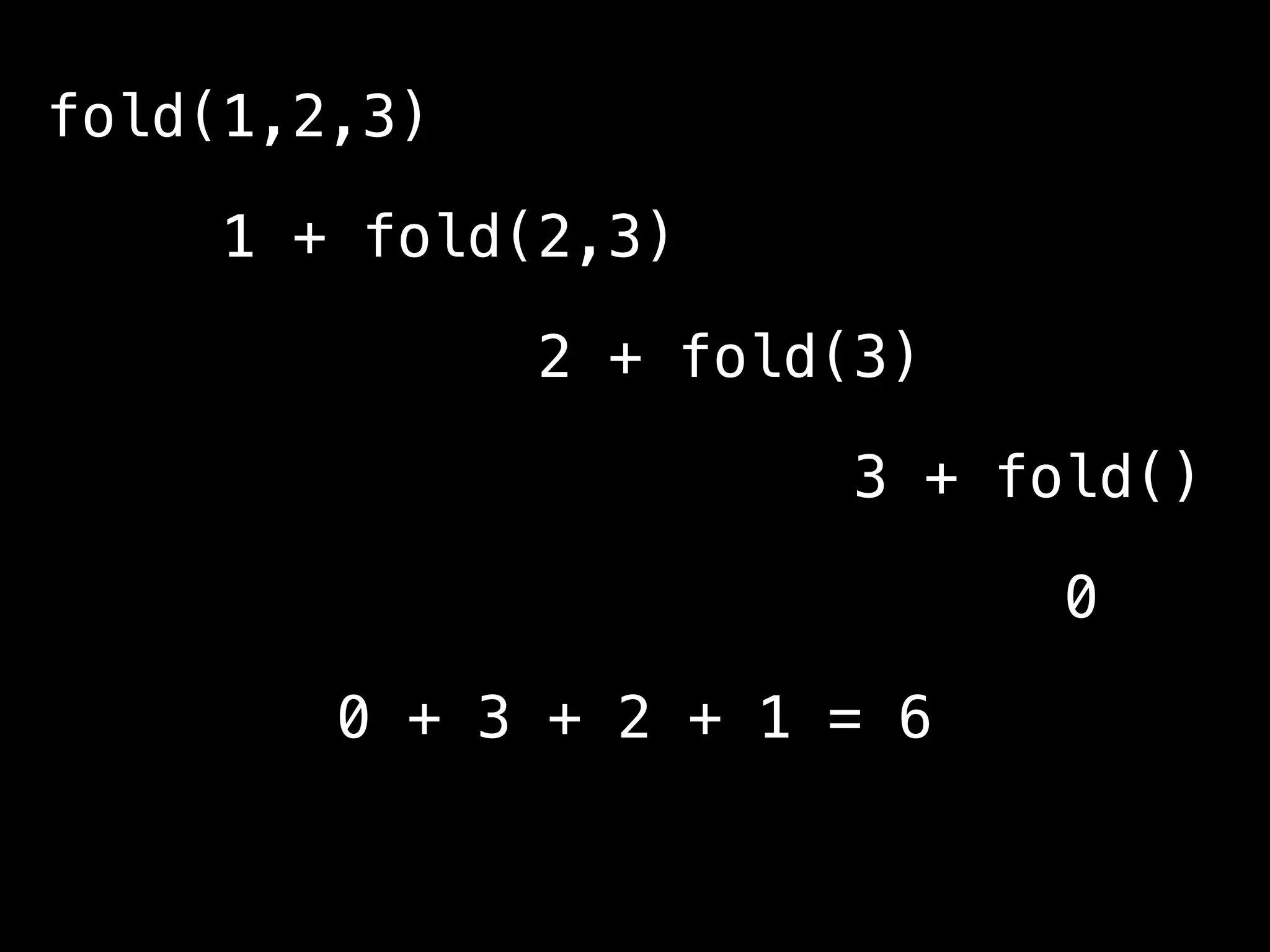 fold(1,2,3)
1 + fold(2,3)
2 + fold(3)
3 + fold()
0
0 + 3 + 2 + 1 = 6
 