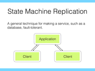 State Machine Replication
A general technique for making a service, such as a
database, fault-tolerant.
Application
Client Client
 