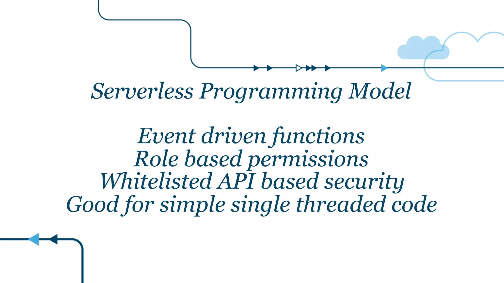 Serverless Programming Model
Event driven functions
Role based permissions
Whitelisted API based security
Good for simple single threaded code
 