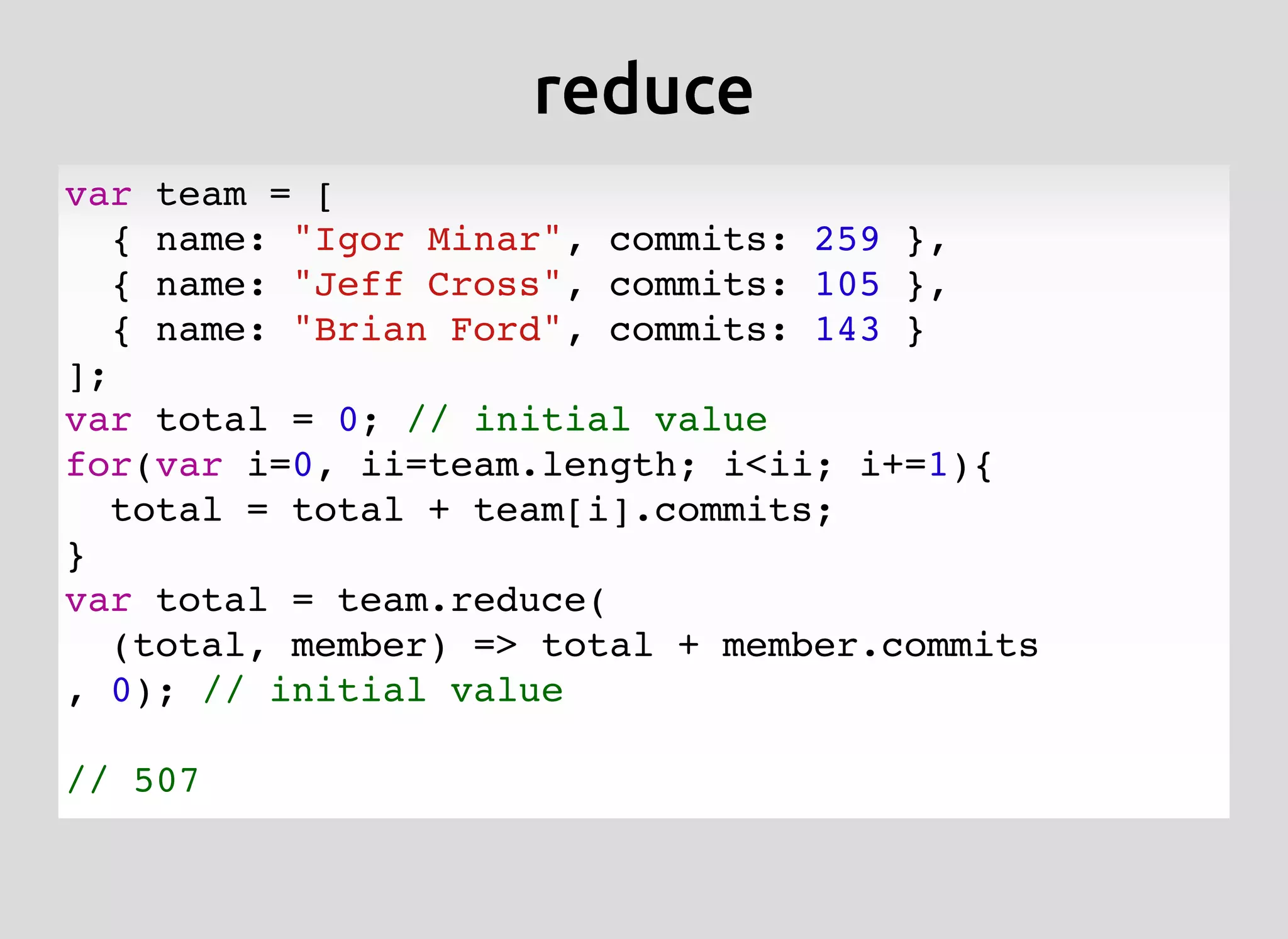 reducereduce
var team = [
{ name: "Igor Minar", commits: 259 },
{ name: "Jeff Cross", commits: 105 },
{ name: "Brian Ford", commits: 143 }
];
var total = 0; // initial value
for(var i=0, ii=team.length; i<ii; i+=1){
total = total + team[i].commits;
}
var total = team.reduce(
(total, member) => total + member.commits
, 0); // initial value
// 507
 