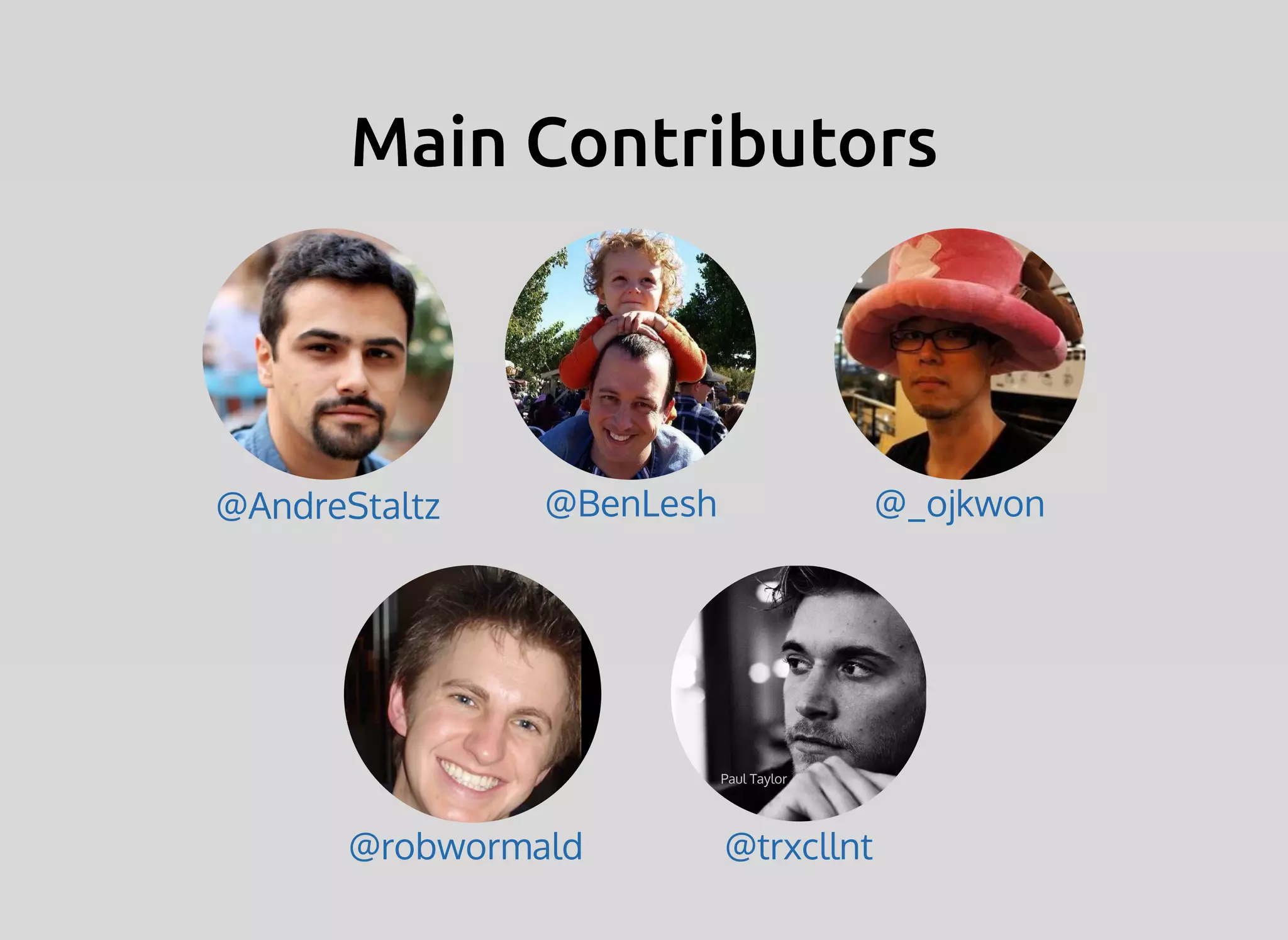 Main ContributorsMain Contributors
@BenLesh@AndreStaltz @_ojkwon
@trxcllnt@robwormald
Paul Taylor
 