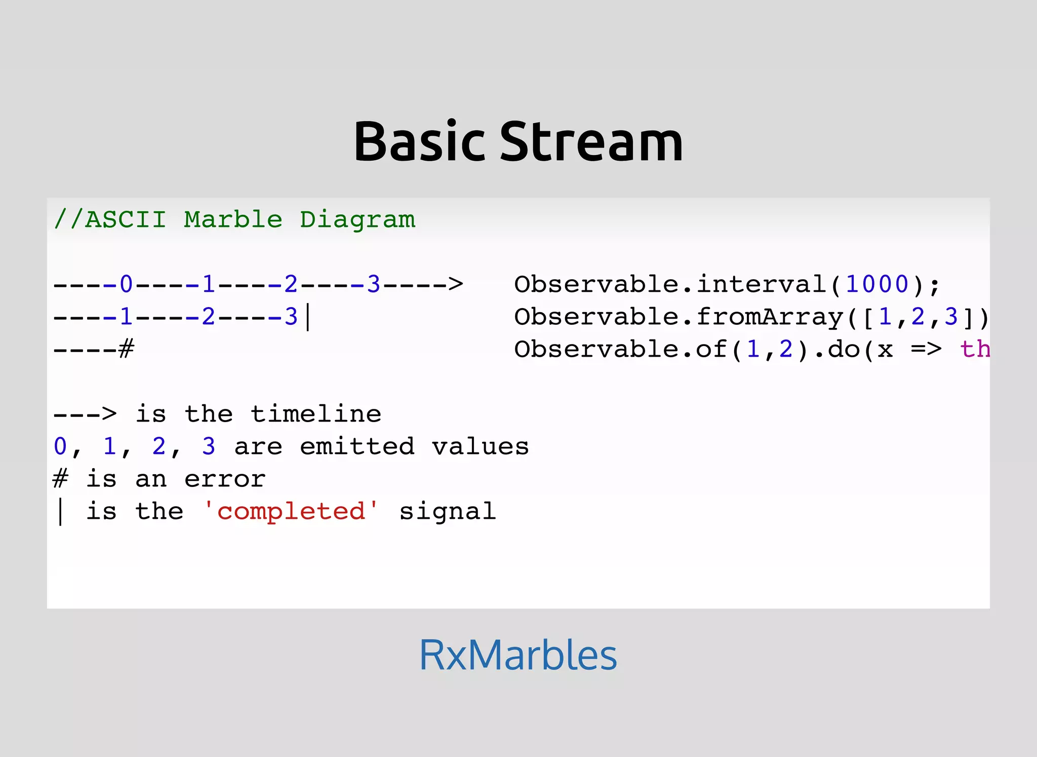 Basic StreamBasic Stream
//ASCII Marble Diagram
----0----1----2----3----> Observable.interval(1000);
----1----2----3| Observable.fromArray([1,2,3]);
----# Observable.of(1,2).do(x => throw
---> is the timeline
0, 1, 2, 3 are emitted values
# is an error
| is the 'completed' signal
RxMarbles
 