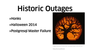 ‣Honks
‣Halloween 2014
‣Postgresql Master Failure
Historic Outages
Image courtesy of Anita Hart. Licensed under CC-BY-SA 2.0.
https://flic.kr/p/8PG15b
 