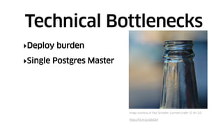 ‣Deploy burden
‣Single Postgres Master
Technical Bottlenecks
Image courtesy of Paul Schadler. Licensed under CC-BY 2.0.
https://flic.kr/p/aDoGkP
 