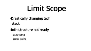 ‣Drastically changing tech
stack
‣Infrastructure not ready
‣ Understaffed
‣ Lacked tooling
Limit Scope
 