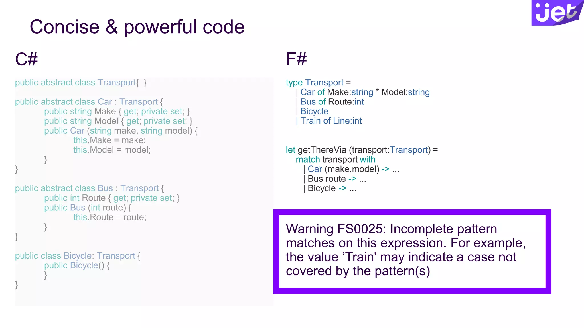 Concise & powerful code
public abstract class Transport{ }
public abstract class Car : Transport {
public string Make { get; private set; }
public string Model { get; private set; }
public Car (string make, string model) {
this.Make = make;
this.Model = model;
}
}
public abstract class Bus : Transport {
public int Route { get; private set; }
public Bus (int route) {
this.Route = route;
}
}
public class Bicycle: Transport {
public Bicycle() {
}
}
type Transport =
| Car of Make:string * Model:string
| Bus of Route:int
| Bicycle
| Train of Line:int
let getThereVia (transport:Transport) =
match transport with
| Car (make,model) -> ...
| Bus route -> ...
| Bicycle -> ...
Warning FS0025: Incomplete pattern
matches on this expression. For example,
the value ’Train' may indicate a case not
covered by the pattern(s)
C# F#
 