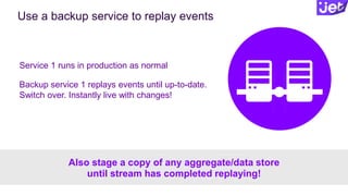 Use a backup service to replay events
Service 1 runs in production as normal
Backup service 1 replays events until up-to-date.
Switch over. Instantly live with changes!
Also stage a copy of any aggregate/data store
until stream has completed replaying!
 