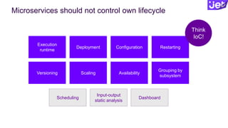 Microservices should not control own lifecycle
Execution
runtime
Deployment Configuration Restarting
Versioning Scaling Availability
Grouping by
subsystem
Scheduling
Input-output
static analysis
Dashboard
Think
IoC!
 