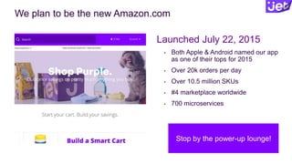 We plan to be the new Amazon.com
Launched July 22, 2015
• Both Apple & Android named our app
as one of their tops for 2015
• Over 20k orders per day
• Over 10.5 million SKUs
• #4 marketplace worldwide
• 700 microservices
Stop by the power-up lounge!
 