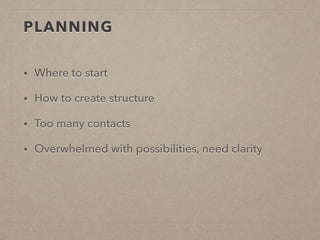 PLANNING
• Where to start
• How to create structure
• Too many contacts
• Overwhelmed with possibilities, need clarity
 