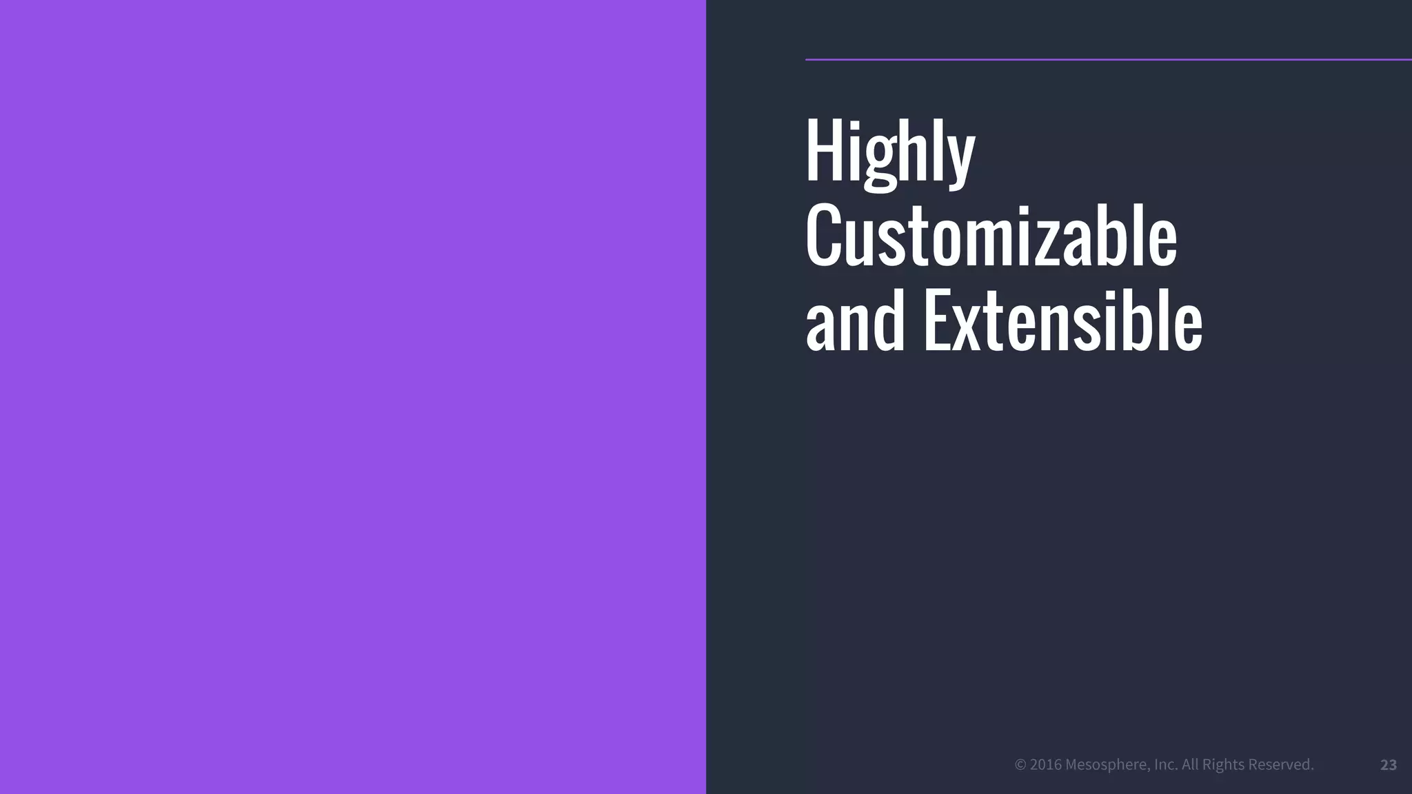 © 2016 Mesosphere, Inc. All Rights Reserved. 23
Highly
Customizable
and Extensible
 