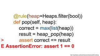 http://hypothesis.works/articles/rule-based-stateful-testing/
@rule(heap=Heaps.filter(bool))
def pop(self, heap):
correct = max(list(heap))
result = heap_pop(heap)
> assert correct == result
E AssertionError: assert 1 == 0
 