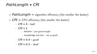 PthLength ∗ CP
• PthLength ∼ algorithm efficiency (the smaller the better)
• CP ∼ CPU efficiency (the smaller the better)
– CP = 4 – bad!
– CP = 1
• Nehalem – just good enough!
• SandyBridge and later – not so good!
– CP = 0.4 – good!
– CP = 0.2 – ideal!
39/66
 