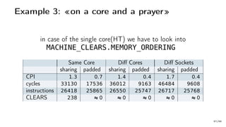 Example 3: «on a core and a prayer»
in case of the single core(HT) we have to look into
MACHINE_CLEARS.MEMORY_ORDERING
Same Core Diff Cores Diff Sockets
sharing padded sharing padded sharing padded
CPI 1.3 0.7 1.4 0.4 1.7 0.4
cycles 33130 17536 36012 9163 46484 9608
instructions 26418 25865 26550 25747 26717 25768
CLEARS 238 ≈ 0 ≈ 0 ≈ 0 ≈ 0 ≈ 0
57/66
 