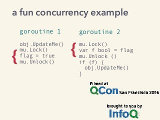 goroutine 1
obj.UpdateMe()
mu.Lock()
flag = true
mu.Unlock()
goroutine 2
mu.Lock()
var f bool = flag
mu.Unlock ()
if (f) {
obj.UpdateMe()
}
{ {
a fun concurrency example
 