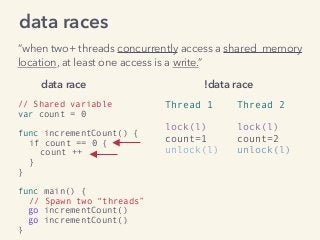 data races
“when two+ threads concurrently access a shared memory
location, at least one access is a write.”
Thread 1 Thread 2
lock(l) lock(l)
count=1 count=2
unlock(l) unlock(l)
!data race
// Shared variable
var count = 0
func incrementCount() {
if count == 0 {
count ++
}
}
func main() {
// Spawn two “threads”
go incrementCount()
go incrementCount()
}
data race
 