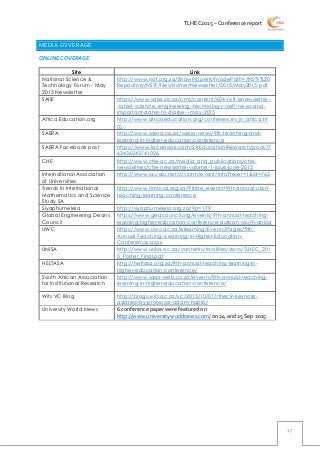 TLHEC2015 – Conference report
17
MEDIA COVERAGE
ONLINE COVERAGE
Site Link
National Science &
Technology Forum - May
2015 Newsletter
http://www.nstf.org.za/ShowProperty?nodePath=/NSTF%20
Repository/NSTF/files/Home/Newsletter/2015/May2015.pdf
SAIIE https://www.saiie.co.za/cms/content/604-nstf-enewsletter--
-latest-science,-engineering,-technology-(set)-news-and-
important-dates-to-diarise---may-2015
Africa Education.org http://www.africaeducation.org/conferences_in_africa.ht
m
SAERA http://www.saera.co.za/saera-news/9th-teaching-and-
learning-in-higher-education-conference
SAERA Facebook post https://www.facebook.com/SAEducationResearch/posts/7
63436343741026
CHE http://www.che.ac.za/media_and_publications/che-
newsletters/che-newsletter-volume-1-issue-june-2015
International Association
of Universities
http://www.iau-aiu.net/civicrm/event/info?reset=1&id=763
Trends in International
Mathematics and Science
Study SA
http://www.timss-sa.org.za/?tribe_events=9th-annual-ukzn-
teaching-learning-conference
Siyaphumelela http://siyaphumelela.org.za/?p=179
Global Engineering Deans
Council
https://www.gedcouncil.org/events/9th-annual-teaching-
learning-higher-education-conference-durban-south-africa
UWC https://www.uwc.ac.za/elearning/Events/Pages/9th-
Annual-Teaching--Learning-in-Higher-Education-
Conference.aspx
UNISA http://www.unisa.ac.za/contents/facilities/docs/TLHEC_201
5_Poster_Final.pdf
HELTASA http://heltasa.org.za/9th-annual-teaching-learning-in-
higher-education-conference/
South African Association
for Institutional Research
http://www.saair-web.co.za/events/9th-annual-teaching-
learning-in-higher-education-conference/
Wits VC Blog http://blogs.wits.ac.za/vc/2015/10/01/tlhec9-keynote-
address-by-professor-adam-habib/
University World News 6 conference paper were featured on
http://www.universityworldnews.com/ on 24 and 25 Sep 2015
 