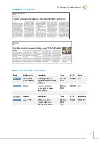TLHEC2015 – Conference report
18
NEWSPAPER PUBLICATIONS
ADVERTISING VALUE EQUIVALENCY (AVE)
Print Publication Headline Date A.V.E. Page
35544752 MERCURY
(First Edition)
Habib speaks out
against violent student
protests
22 Sep
2015
R11189 p.2
35558692 STAR l Varsity protests
unsurprising, says
Wits's Habib
22 Sep
2015
R30991 p.6
Broadcast Station Headline Date A.V.E. Audience
35587222 Lotus FM Shift away from
traditional higher
learning patterns
22 Sep
2015
18:01
R1200 345,000
 
