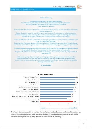 TLHEC2015 – Conference report
19
CONFERENCE EVALUATION
The figure above represent the results of the conference feedback, requested from all delegates. 55
responses were received and while not generalizable, this feedback does give a sense of how the
conference was perceived by delegates and is useful for future planning.
POEM: TLHEC 2015
You promised complexities, challenges, and possibilities
You delivered keynote speakers, workshops, paper presentations, posters, discussions
But also good food, good spaces, good chats, and meeting old friends
You promised, you delivered
And so we confronted how we could reject our colonial consciousness, discard our old expectations and old rules,
disrupt the status quo
Reject, discard, disrupt, and then embrace grit, creativity, passion, freedom, agency, self-determination
Embrace uncertainty; embrace caring within our classes and institutions despite an uncaring world; embrace
intellectual courage so that those who are marginalised do not stay on the margins
And so I ask: Who am I? What do I want? What am I taking for granted? How do I respond to the challenges of the
time, the challenges of the place?
I get my answers from more questions: Who are our learners? What do they bring with them? How do I honour
their diverse voices while using a responsive curriculum, a responsive pedagogy, a pedagogy of responsiveness?
Crossing boundaries, traversing disciplines, going across institutions to gain knowledge, to generate knowledge
Knowledge for the job market, knowledge for citizenry, knowledge for its own sake
Using creativity to harness knowledge and produce knowledge, using creativity to research, using creativity to
teach and learn
And slowly now, let go of your power, temper that judgmental eye, empower learners to recognise their
responsibility, their autonomy, their agency – learners as teachers, teachers as learners and it goes on
And so I learn: I cannot create change but I can create conditions for change – change with all its complexities,
challenges and possibilities.
Dr Ansurie Pillay
1=poor……………………………………………..5=excellent
 