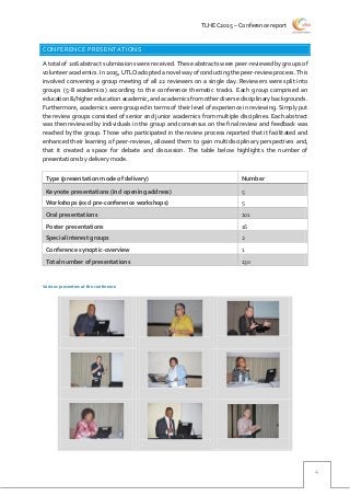 TLHEC2015 – Conference report
4
CONFERENCE PRESENTATIONS
A total of 206 abstract submissions were received. These abstracts were peer-reviewed by groups of
volunteer academics.In 2015,UTLO adopteda novelwayofconducting the peer-review process.This
involved convening a group meeting of all 22 reviewers on a single day. Reviewers were split into
groups (5-8 academics) according to the conference thematic tracks. Each group comprised an
education&/higher education academic,andacademicsfromother diverse disciplinary backgrounds.
Furthermore, academics were grouped in terms of their level of experience in reviewing. Simply put
the review groups consisted of senior and junior academics from multiple disciplines. Each abstract
was then reviewed by individuals in the group and consensus on the final review and feedback was
reached by the group. Those who participated in the review process reported that it facilitated and
enhanced their learning of peer-reviews, allowed them to gain multidisciplinary perspectives and,
that it created a space for debate and discussion. The table below highlights the number of
presentations by delivery mode.
Various presenters at the conference
Type (presentation mode of delivery) Number
Keynote presentations (incl opening address) 5
Workshops (excl pre-conference workshops) 5
Oral presentations 101
Poster presentations 16
Special interest groups 2
Conference synoptic-overview 1
Total number of presentations 130
 