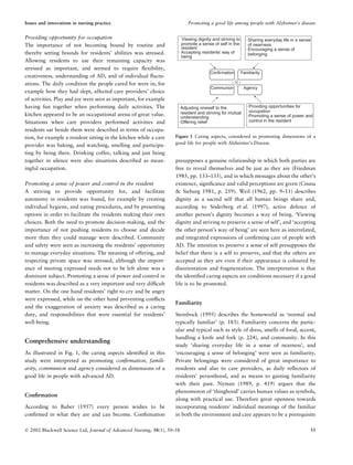 Providing opportunity for occupation
The importance of not becoming bound by routine and
thereby setting bounds for residents’ abilities was stressed.
Allowing residents to use their remaining capacity was
stressed as important, and seemed to require ﬂexibility,
creativeness, understanding of AD, and of individual ﬂuctu-
ations. The daily condition the people cared for were in, for
example how they had slept, affected care providers’ choice
of activities. Play and joy were seen as important, for example
having fun together when performing daily activities. The
kitchen appeared to be an occupational arena of great value.
Situations when care providers performed activities and
residents sat beside them were described in terms of occupa-
tion, for example a resident sitting in the kitchen while a care
provider was baking, and watching, smelling and participa-
ting by being there. Drinking coffee, talking and just being
together in silence were also situations described as mean-
ingful occupation.
Promoting a sense of power and control in the resident
A striving to provide opportunity for, and facilitate
autonomy in residents was found, for example by creating
individual hygiene, and eating procedures, and by presenting
options in order to facilitate the residents making their own
choices. Both the need to promote decision-making, and the
importance of not pushing residents to choose and decide
more than they could manage were described. Community
and safety were seen as increasing the residents’ opportunity
to manage everyday situations. The meaning of offering, and
respecting private space was stressed, although the import-
ance of meeting expressed needs not to be left alone was a
dominant subject. Promoting a sense of power and control in
residents was described as a very important and very difﬁcult
matter. On the one hand residents’ right to cry and be angry
were expressed, while on the other hand preventing conﬂicts
and the exaggeration of anxiety was described as a caring
duty, and responsibilities that were essential for residents’
well-being.
Comprehensive understanding
As illustrated in Fig. 1, the caring aspects identiﬁed in this
study were interpreted as promoting conﬁrmation, famili-
arity, communion and agency considered as dimensions of a
good life in people with advanced AD.
Conﬁrmation
According to Buber (1957) every person wishes to be
conﬁrmed in what they are and can become. Conﬁrmation
presupposes a genuine relationship in which both parties are
free to reveal themselves and be just as they are (Friedman
1985, pp. 133–135), and in which messages about the other’s
existence, signiﬁcance and valid perceptions are given (Cissna
& Sieburg 1981, p. 259). Weil (1962, pp. 9–11) describes
dignity as a sacred self that all human beings share and,
according to So¨derberg et al. (1997), active defence of
another person’s dignity becomes a way of being. ‘Viewing
dignity and striving to preserve a sense of self’, and ‘accepting
the other person’s way of being’ are seen here as interrelated,
and integrated expressions of conﬁrming care of people with
AD. The intention to preserve a sense of self presupposes the
belief that there is a self to preserve, and that the others are
accepted as they are even if their appearance is coloured by
disorientation and fragmentation. The interpretation is that
the identiﬁed caring aspects are conditions necessary if a good
life is to be promoted.
Familiarity
Steinbock (1995) describes the homeworld as ‘normal and
typically familiar’ (p. 183). Familiarity concerns the partic-
ular and typical such as style of dress, smells of food, accent,
handling a knife and fork (p. 224), and community. In this
study ‘sharing everyday life in a sense of nearness’, and
‘encouraging a sense of belonging’ were seen as familiarity.
Private belongings were considered of great importance to
residents and also to care providers, as daily reﬂectors of
residents’ personhood, and as means to gaining familiarity
with their past. Nyman (1989, p. 419) argues that the
phenomenon of ‘thinghood’ carries human values as symbols,
along with practical use. Therefore great openness towards
incorporating residents’ individual meanings of the familiar
in both the environment and care appears to be a prerequisite
Confirmation Familiarity
Communion Agency
· Viewing dignity and striving to
promote a sense of self in the
resident
· Accepting residents’ way of
being
· Sharing everyday life in a sense
of nearness
· Encouraging a sense of
belonging
· Adjusting oneself to the
resident and striving for mutual
understanding
· Offering relief
·Providing opportunities for
occupation
·Promoting a sense of power and
control in the resident
Figure 1 Caring aspects, considered as promoting dimensions of a
good life for people with Alzheimer’s Disease.
Issues and innovations in nursing practice Promoting a good life among people with Alzheimer’s disease
Ó 2002 Blackwell Science Ltd, Journal of Advanced Nursing, 38(1), 50–58 55
 