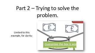 Part 2 – Trying to solve the
problem.
Limited to this
example, for clarity:
 
