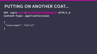 PUTTING ON ANOTHER COAT…
PUT /api/users/18446744073709551615 HTTP/1.0
Content-Type: application/json
{
"username": “chris"
}
 