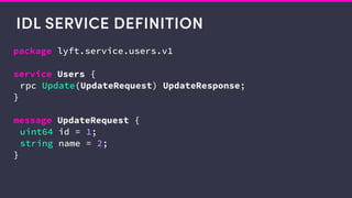 IDL SERVICE DEFINITION
package lyft.service.users.v1
service Users {
rpc Update(UpdateRequest) UpdateResponse;
}
message UpdateRequest {
uint64 id = 1;
string name = 2;
}
 