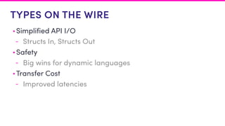 TYPES ON THE WIRE
• Simplified API I/O
- Structs In, Structs Out
• Safety
- Big wins for dynamic languages
• Transfer Cost
- Improved latencies
 