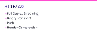 HTTP/2.0
• Full Duplex Streaming
• Binary Transport
• Push
• Header Compression
 