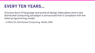 EVERY TEN YEARS…
A furious bout of language and protocol design takes place and a new
distributed computing paradigm is announced that is compliant with the
latest programming model.
- A Note On Distributed Computing, Waldo 1994
 