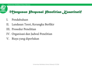 Universitas Nahdlatul Ulama SidoarjoUniversitas Nahdlatul Ulama Sidoarjo
Menyusun Proposal Penelitian Kuantitatif
I. Pendahuluan
II. Landasan Teori, Kerangka Berfikir
III. Prosedur Penelitian
IV. Organisasi dan Jadwal Penelitian
V. Biaya yang diperlukan
Universitas Nahdlatul Ulama Sidoarjo © 2018
 