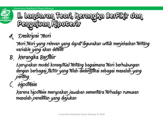Universitas Nahdlatul Ulama Sidoarjo
II. Landasan Teori, Kerangka Berfikir dan
Pengajuan Hipotesis
A. Deskripsi Teori
Teori-teori yang relevan yang dapat digunakan untuk menjelaskan tentang
variable yang akan deteliti
B. Kerangka Berfikir
Merupakan model konseptual tentang bagaimana teori berhubungan
dengan berbagai factor yang telah diidentifikai sebagai masalah yang
penting.
C. Hipotesis
Karena hipotesis merupakan jawaban sementara terhadap rumusan
masalah penelitian yang diajukan
Universitas Nahdlatul Ulama Sidoarjo © 2018
 