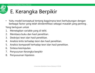Universitas Nahdlatul Ulama Sidoarjo
E. Kerangka Berpikir
• Yaitu model konseptual tentang bagaimana teori berhubungan dengan
berbagai factor yang telah diindentifikasi sebagai masalah yang penting .
Yang bertujuan untuk
1. Menetapkan variable yang di teliti.
2. Membaca buku dan hasil penelitian.
3. Deskripsi teori dan hasil penelitian.
4. Analisis kritis terhadap teori dan hasil penelitian.
5. Analisis komparatif terhadap teori dan hasil penelitian.
6. Sintesa kesimpulan.
7. Penyusunan Kerangka berpikir
8. Penyususnan hipotesis
Universitas Nahdlatul Ulama Sidoarjo © 2018
 