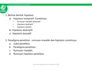 Universitas Nahdlatul Ulama Sidoarjo
1. Bentuk-bentuk hipotesis:
a) Hipotesis kompratif. Contohnya
• Rumusan masalah deskriptif
• Hipotesis desktiptif
• Hipotesis statistic
b) Hipotesis deskriptif.
c) Hipotesis asosiatif.
2. Paradigma penelitian , rumusan masalah dan hipotesis contohnya:
a. Judul penelitian.
b. Peradigma penelitian.
c. Rumusan masalah.
d. Rumusan hipotesis penelitian.
Universitas Nahdlatul Ulama Sidoarjo © 2018
 