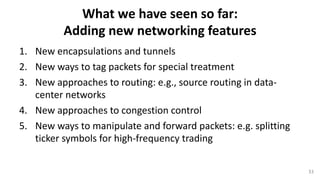 What	we	have	seen	so	far:
Adding	new	networking	features
1. New	encapsulations	and	tunnels
2. New	ways	to	tag	packets	for	special	treatment
3. New	approaches	to	routing:	e.g.,	source	routing	in	data-
center	networks
4. New	approaches	to	congestion	control
5. New	ways	to	manipulate	and	forward	packets:	e.g.	splitting	
ticker	symbols	for	high-frequency	trading
33
 