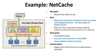 Example:	NetCache
Clients
Key-Value
Cache
Query
Statistics
High-performance Storage Servers
Key-Value Storage RackController
L2/L3
Routing
ToR Switch Data plane
• Non-goal
– Maximize	the	cache	hit	rate
• Goal
– Balance	the	workloads	of	backend	servers	by	serving	
only	O(NlogN)	hot	items	-- N is	the	number	of	
backend	servers
– Make	the	“fast,	small-cache”	theory	viable	for	
modern	in-memory	KV	servers	[Fan	et.	al.,	SOCC’11]
• Data	plane
– Unmodified	routing
– Key-value	cache	built	with	on-chip	SRAM
– Query	statistics	to	detect	hot	items
• Control	plane
– Update	cache	with	hot	items	to	handle	dynamic	
workloads
 