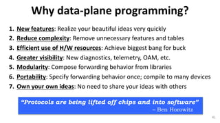 Why	data-plane	programming?
1. New	features:	Realize	your	beautiful	ideas	very	quickly
2. Reduce	complexity:	Remove	unnecessary	features	and	tables
3. Efficient	use	of	H/W	resources:	Achieve	biggest	bang	for	buck
4. Greater	visibility:	New	diagnostics,	telemetry,	OAM,	etc.
5. Modularity:	Compose	forwarding	behavior	from	libraries
6. Portability:	Specify	forwarding	behavior	once;	compile	to	many	devices
7. Own	your	own	ideas:	No	need	to	share	your	ideas	with	others
“Protocols are being lifted off chips and into software”
– Ben Horowitz
41
 