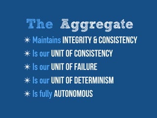 ✴ Maintains Integrity & consistency
✴ Is our Unit of Consistency
✴ Is our Unit of Failure
✴ Is our Unit of Determinism
✴ Is fully Autonomous
The Aggregate
 