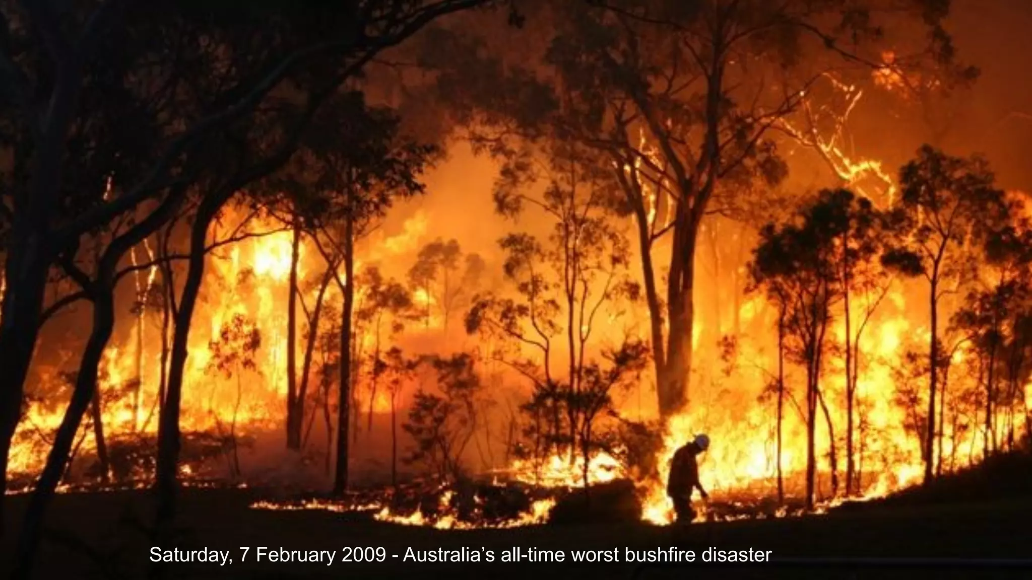 Insert photo of tsunami
Saturday, 7 February 2009 - Australia’s all-time worst bushfire disaster
 