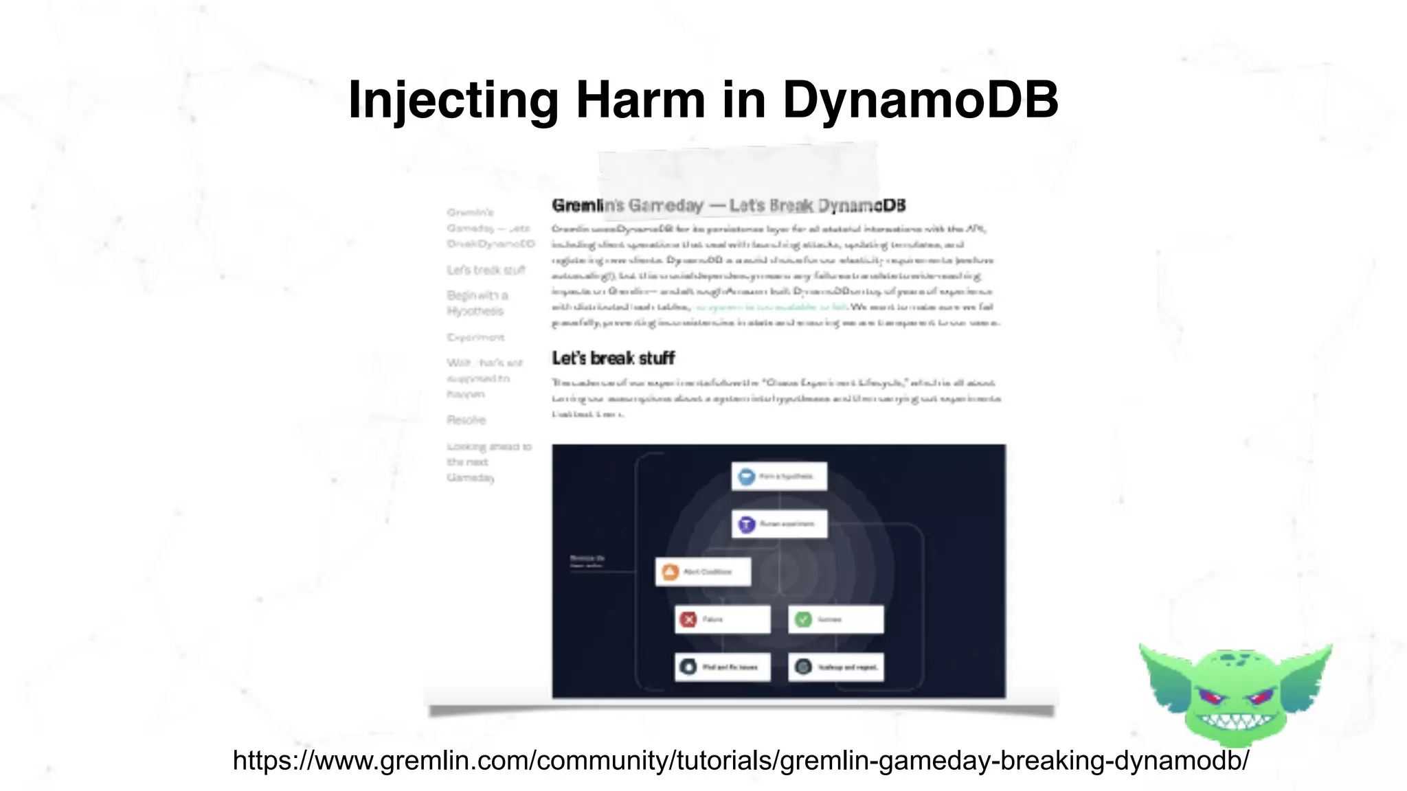 Injecting Harm in DynamoDB
https://www.gremlin.com/community/tutorials/gremlin-gameday-breaking-dynamodb/
 