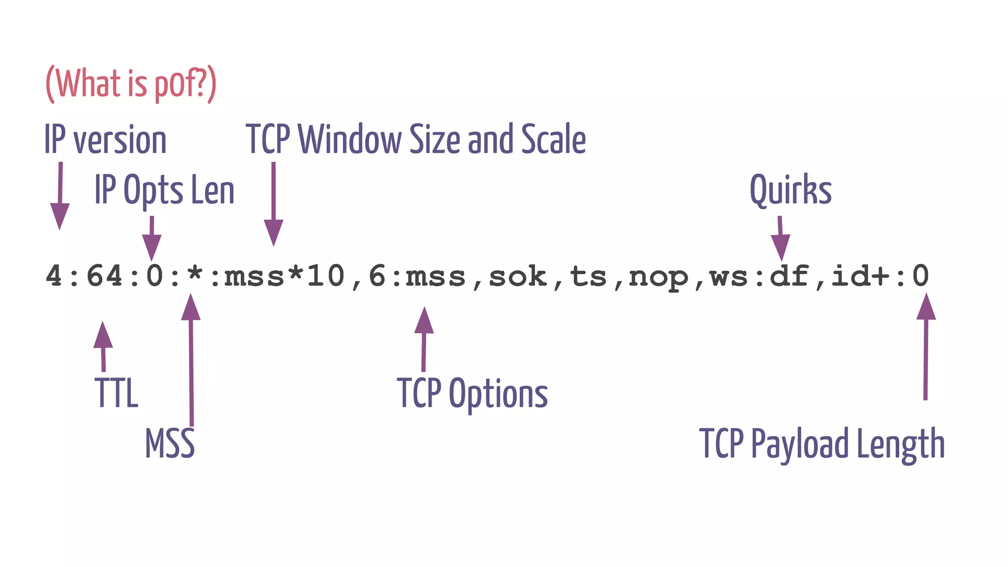 (What is p0f?)
IP version TCP Window Size and Scale
IP Opts Len Quirks
4:64:0:*:mss*10,6:mss,sok,ts,nop,ws:df,id+:0
TTL TCP Options
MSS TCP Payload Length
 