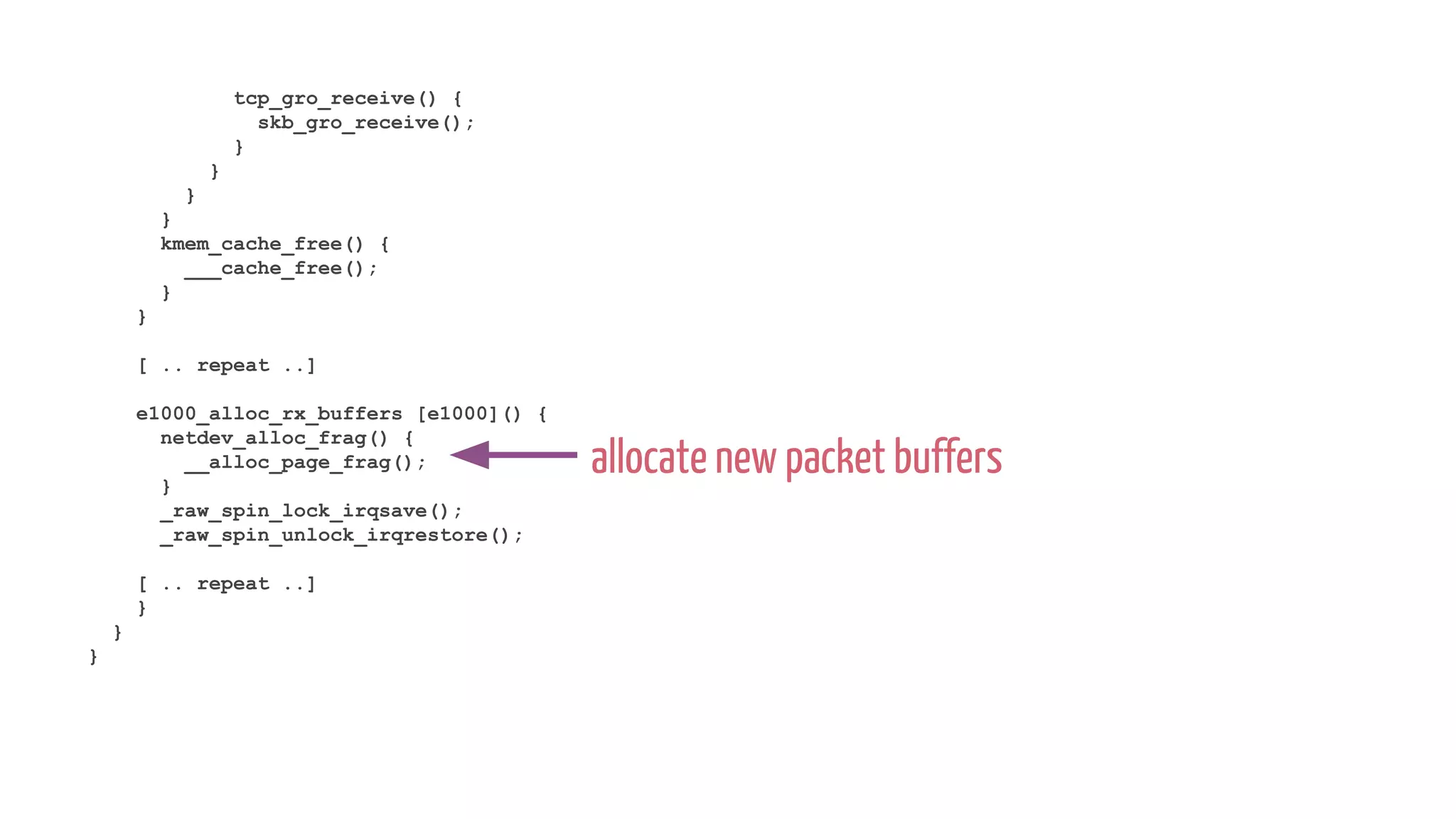 tcp_gro_receive() {
skb_gro_receive();
}
}
}
}
kmem_cache_free() {
___cache_free();
}
}
[ .. repeat ..]
e1000_alloc_rx_buffers [e1000]() {
netdev_alloc_frag() {
__alloc_page_frag();
}
_raw_spin_lock_irqsave();
_raw_spin_unlock_irqrestore();
[ .. repeat ..]
}
}
}
allocate new packet buffers
 