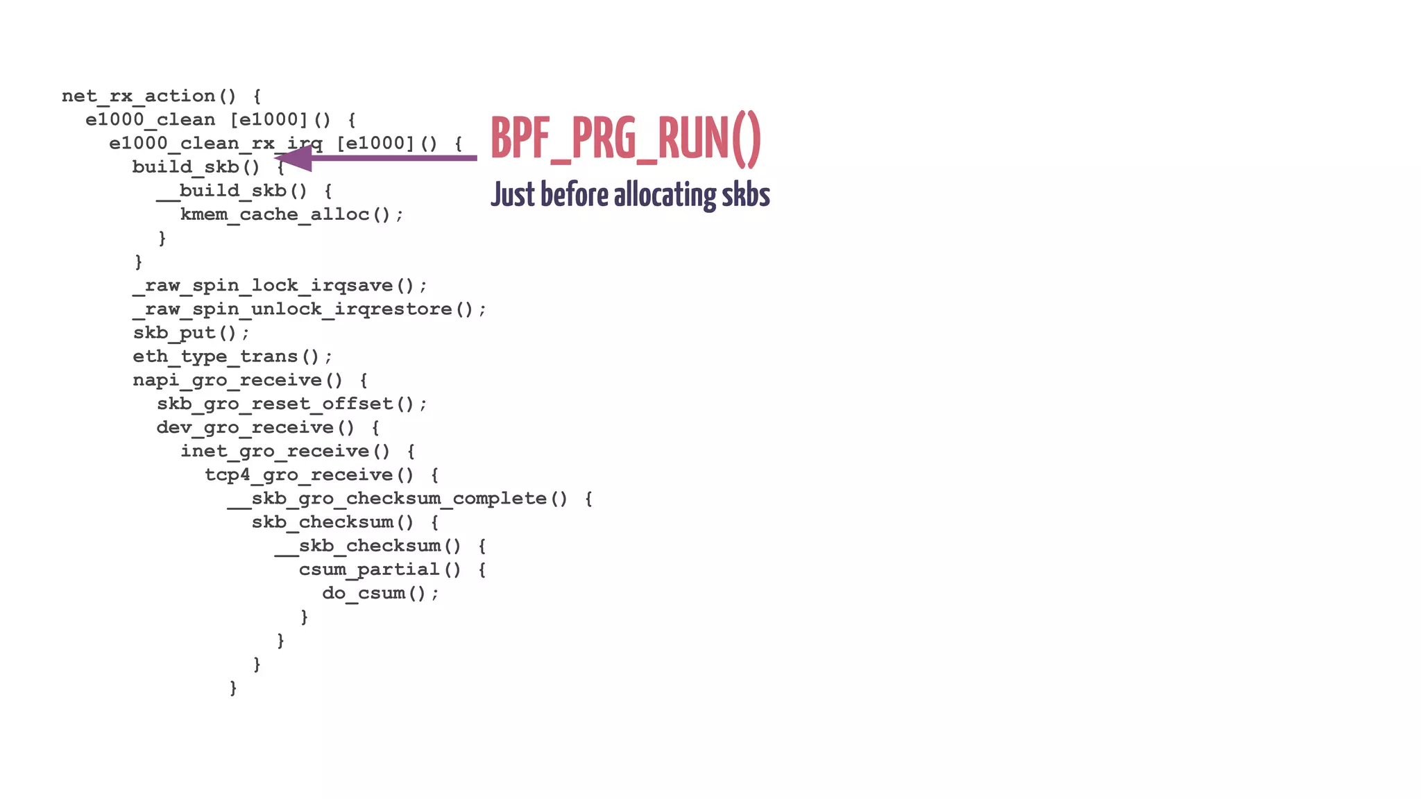 net_rx_action() {
e1000_clean [e1000]() {
e1000_clean_rx_irq [e1000]() {
build_skb() {
__build_skb() {
kmem_cache_alloc();
}
}
_raw_spin_lock_irqsave();
_raw_spin_unlock_irqrestore();
skb_put();
eth_type_trans();
napi_gro_receive() {
skb_gro_reset_offset();
dev_gro_receive() {
inet_gro_receive() {
tcp4_gro_receive() {
__skb_gro_checksum_complete() {
skb_checksum() {
__skb_checksum() {
csum_partial() {
do_csum();
}
}
}
}
BPF_PRG_RUN()
Justbeforeallocatingskbs
 